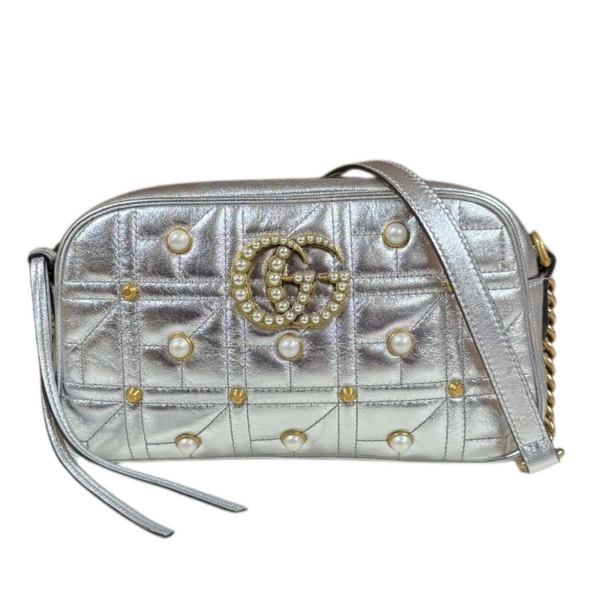 GUCCI シルバー フリンジミュール 37 保存袋付き GUCCI グッチ GGマーモント ショルダーバッグ レザー シルバー