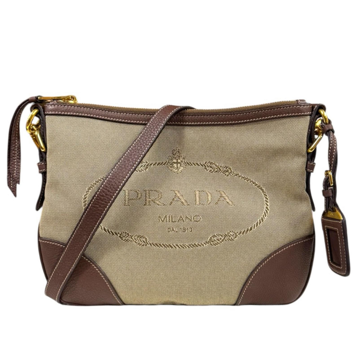PRADA プラダ ロゴ ジャガード ショルダーバッグ キャンバス ブラウン
