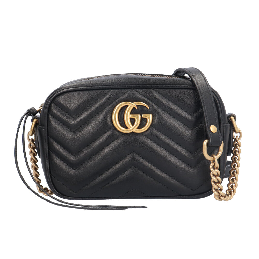 GUCCI　GGマーモント　カメラバッグ　レザー　ブラック　ショルダー ゴールド GUCCI グッチ ミニ カメラバッグ GGマーモント ショルダーバッグ