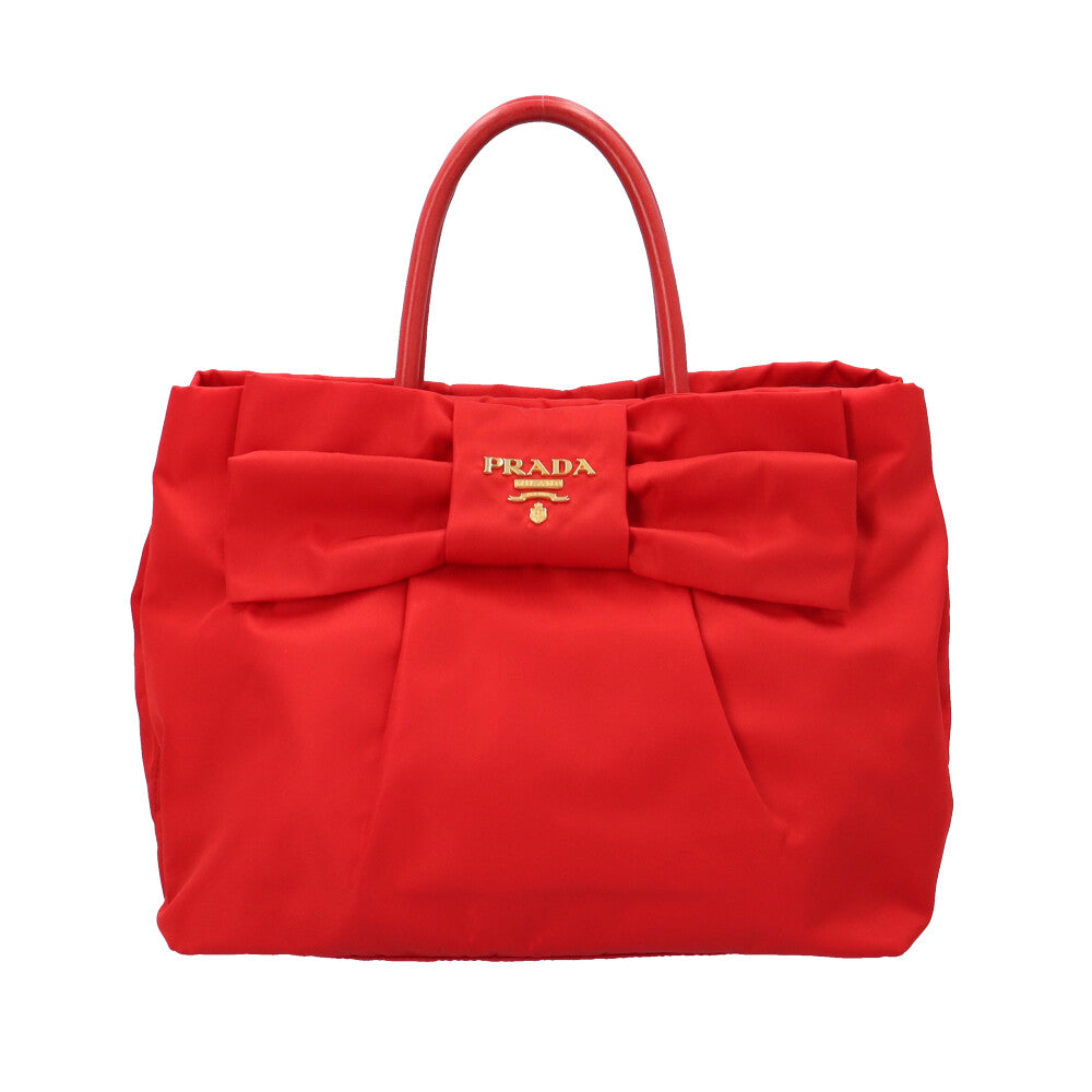 PRADA プラダ リボン ハンドバッグ ナイロン レッド レディース 中古