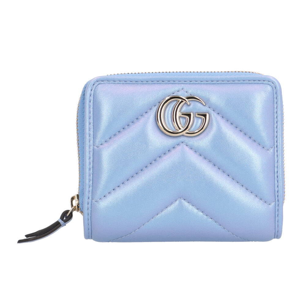 【✨現行品✨】グッチ　ggマーモント 三つ折り財布　水色 GUCCI グッチ ミニウォレット GGマーモント 二つ折り財布 レディース