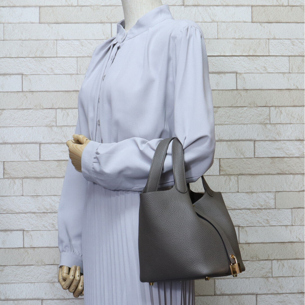 Hermes Picotin Lock PM Handbag Taurillon Clemence Grey Women's