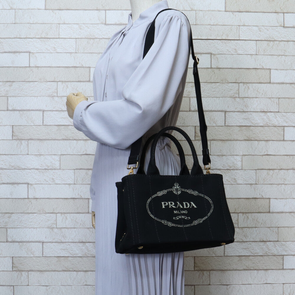 PRADA Prada Canapa Shoulder Bag Monogram Canvas Black Women's Used