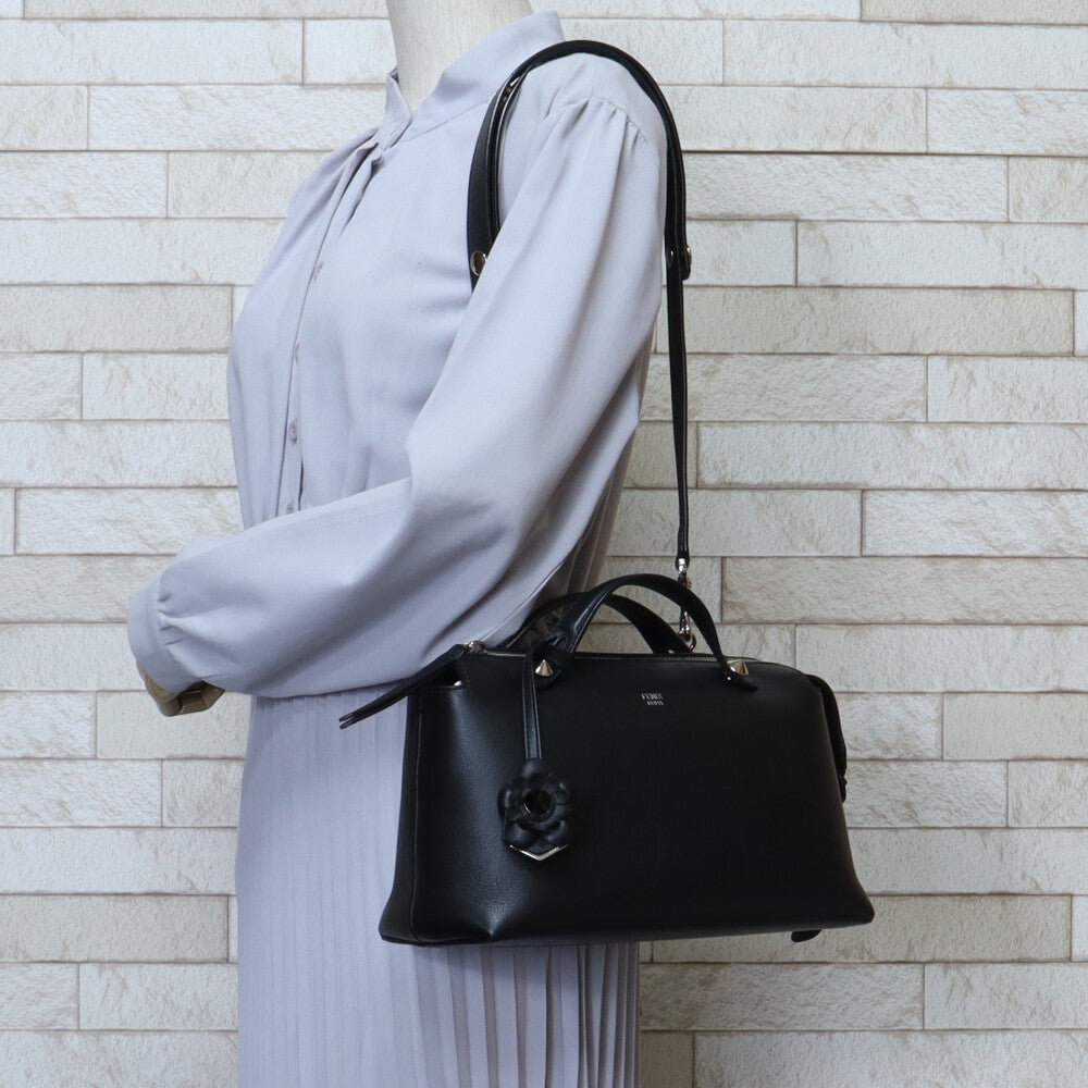 FENDI By the Way Medium Flower Shoulder Bag Leather Black Women's