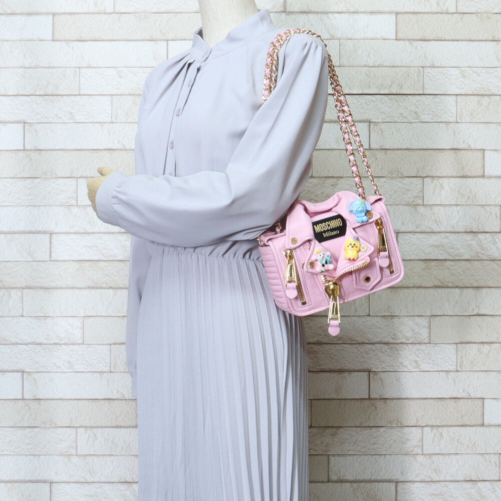 MOSCHINO モスキーノ バイカー ショルダーバッグ レザー ピンク