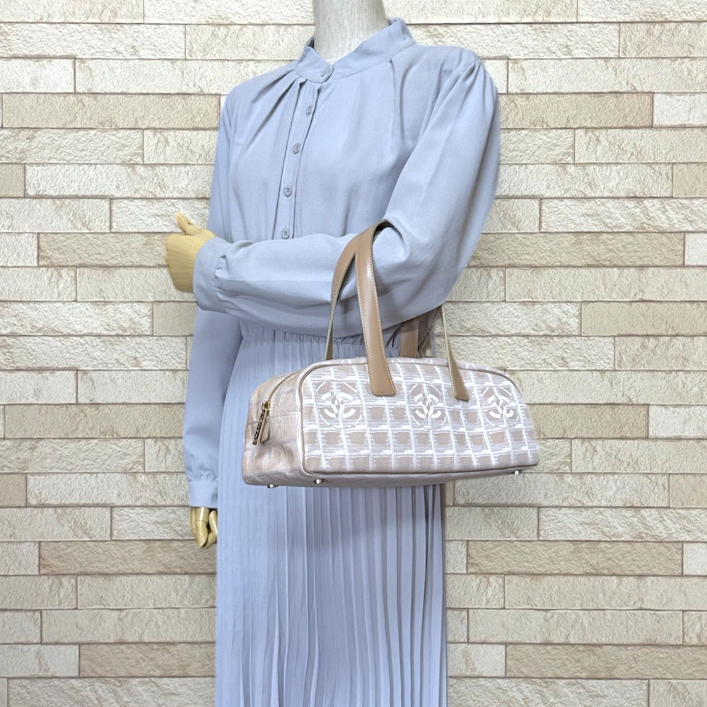 CHANEL Mini Boston Bag New Travel Handbag Nylon Jacquard Beige 