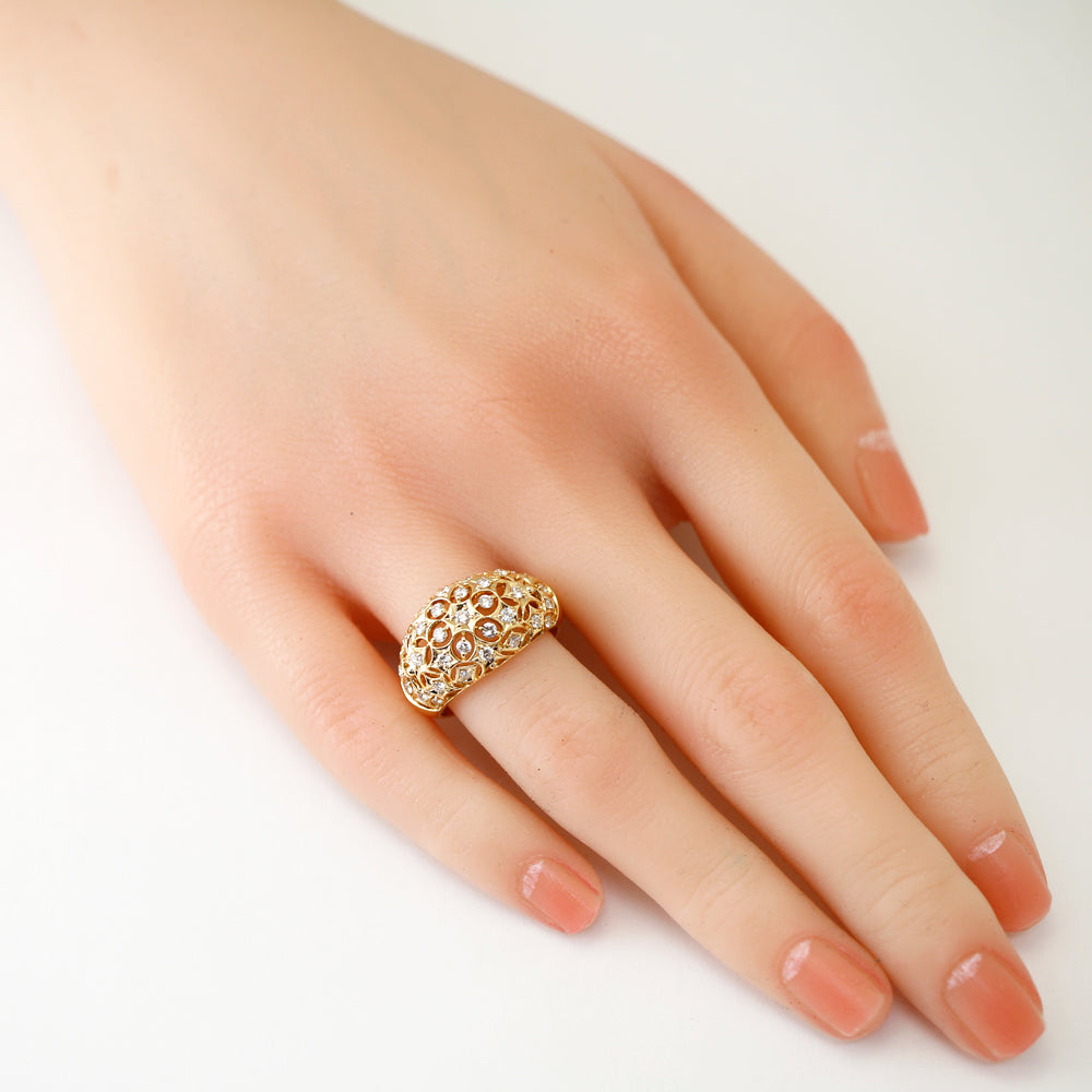 リング 指輪 14号 花 フラワー 透かし 18金 K18イエローゴールド ダイヤモンド 0.60ct 美品