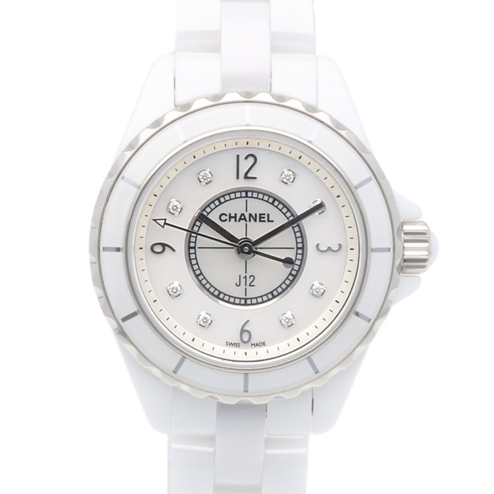 【ジャンク品】CHANEL J12 ホワイト クォーツ　時計 シャネル J12 ホワイトセラミック 8Pダイヤインデックス 33MM クォーツ