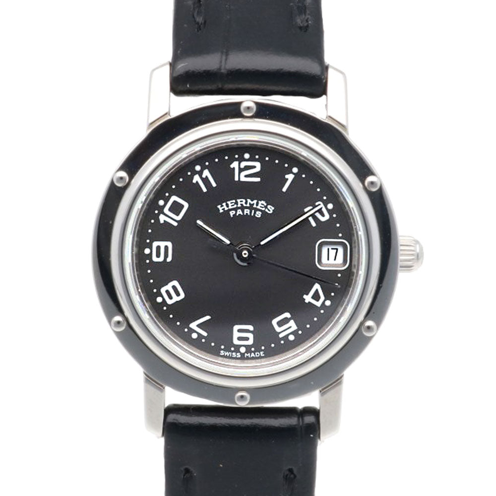 HERMES クリッパー　ブラックレザーバンド HERMES エルメス クリッパー 腕時計 ステンレススチール CL4.210