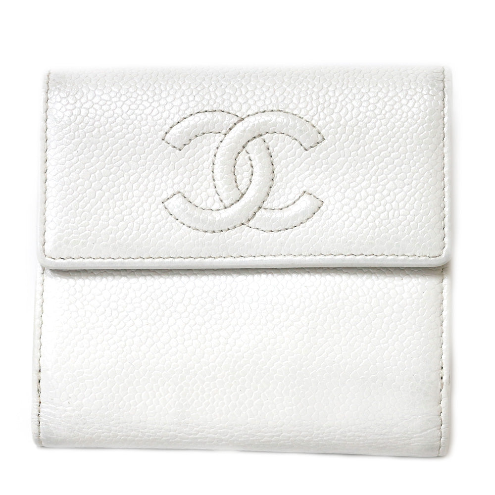 【中古】 シャネル CHANEL 二つ折り財布 COCOマーク CCマーク キャビアスキン レザー ホワイト 白 レディース【SH】【BIM】