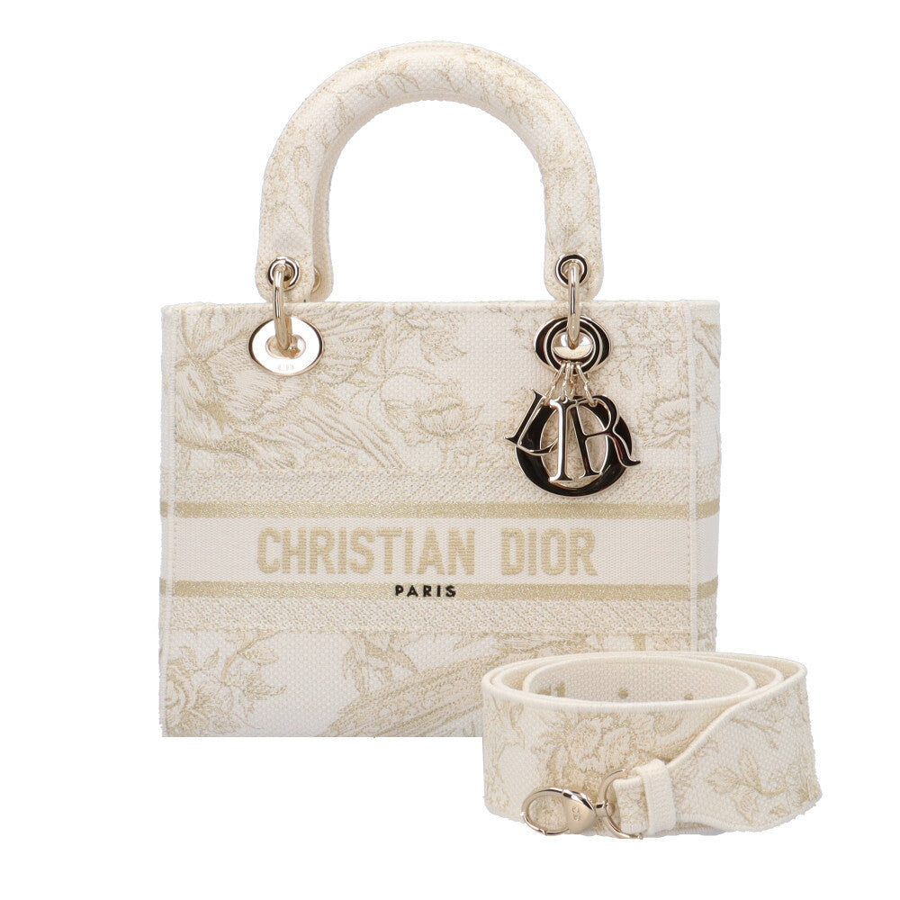 Christian Dior クリスチャンディオール レディD-LITEミディアム レディディオール ショルダーバッグ キャンバス ホワイト  レディース 中古