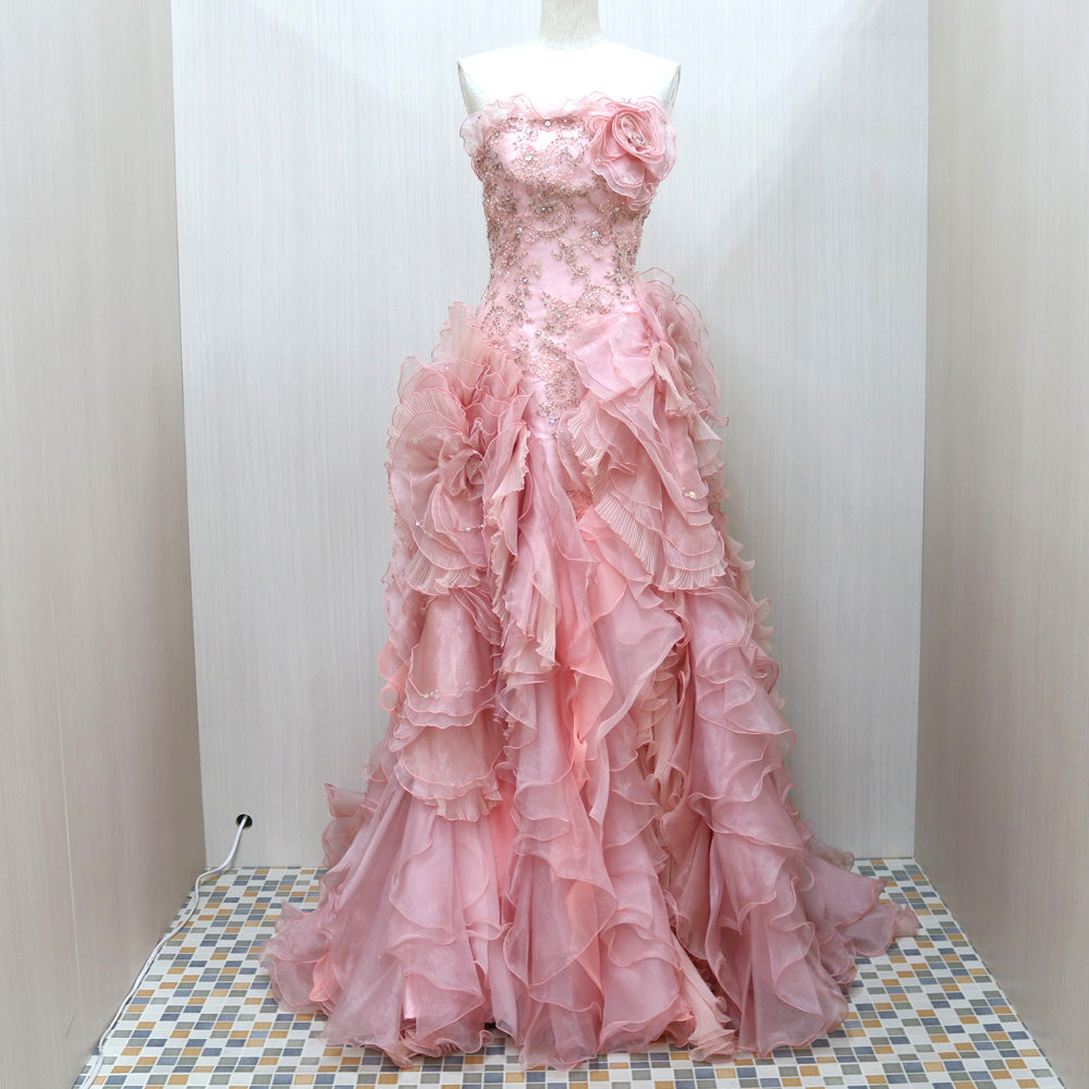 【中古】 ドレス 5～9号 ビックフラワー ビーズ フリルカラードレス 婚礼衣装 花嫁衣装 貸衣裳 ピンク ピンク レディース
