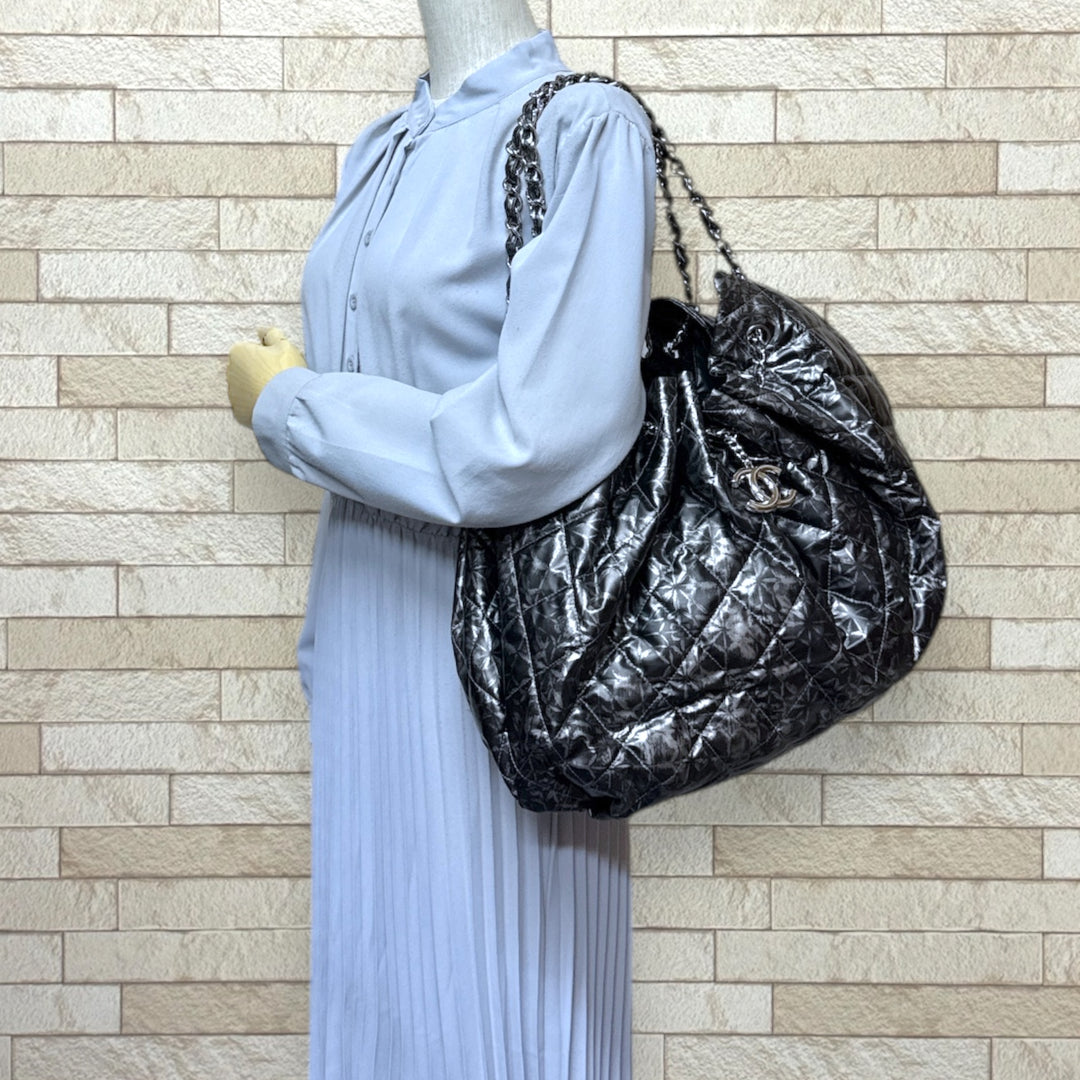 CHANEL Melrose Cabath Shoulder Bag Nylon Gray Women's Used