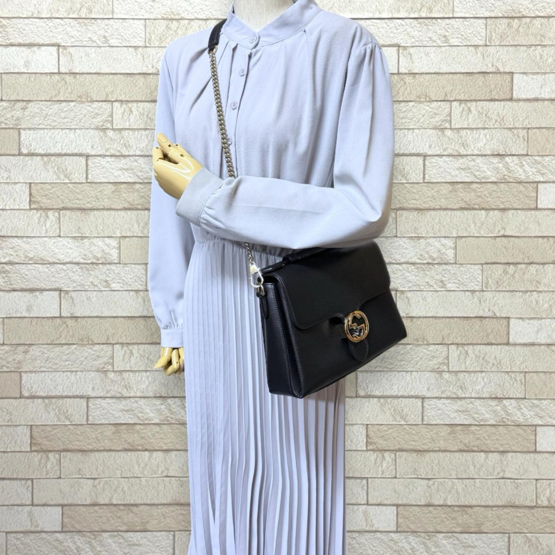 GUCCI グッチ インターロッキングG ショルダーバッグ レザー ブラック
