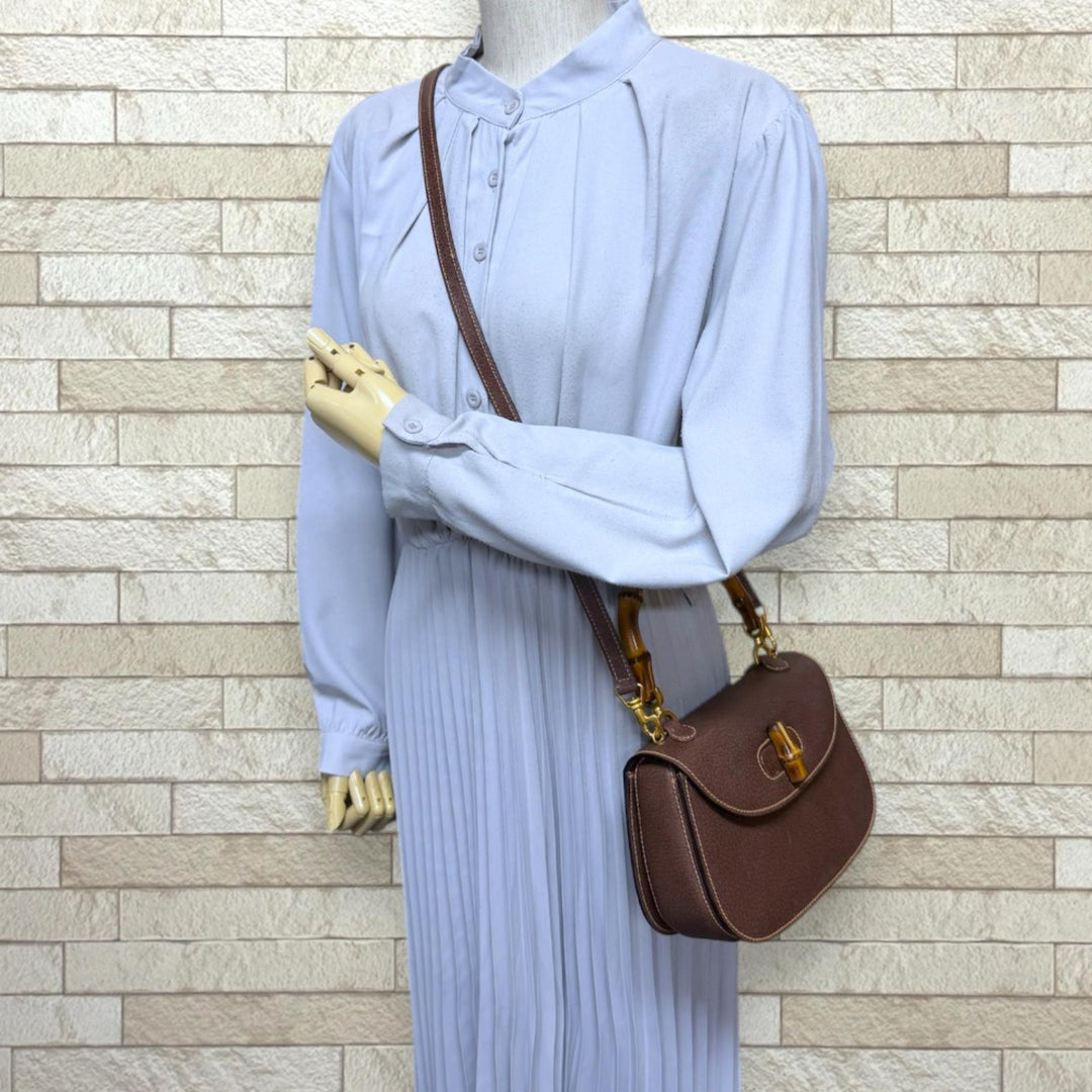 GUCCI グッチ バンブー ショルダーバッグ レザー ブラウン レディース