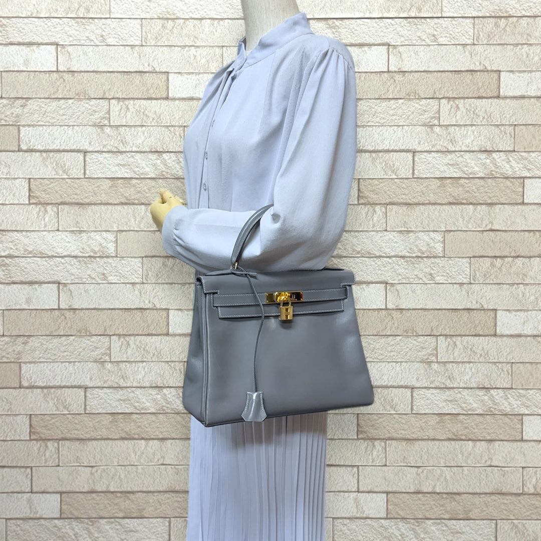 HERMES エルメス ケリー28内縫い ハンドバッグ ボックスカーフ グレー