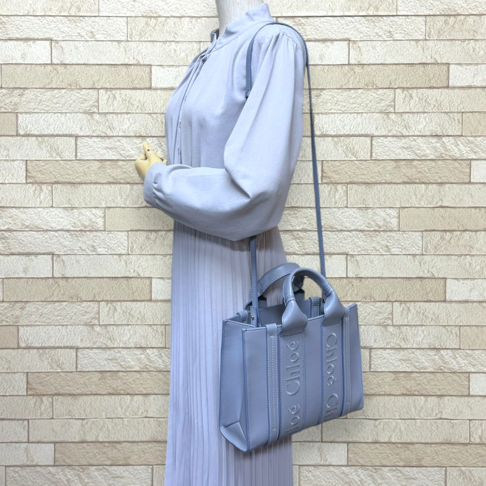Chloe クロエ スモールトート WOODY ショルダーバッグ カーフ ブルー