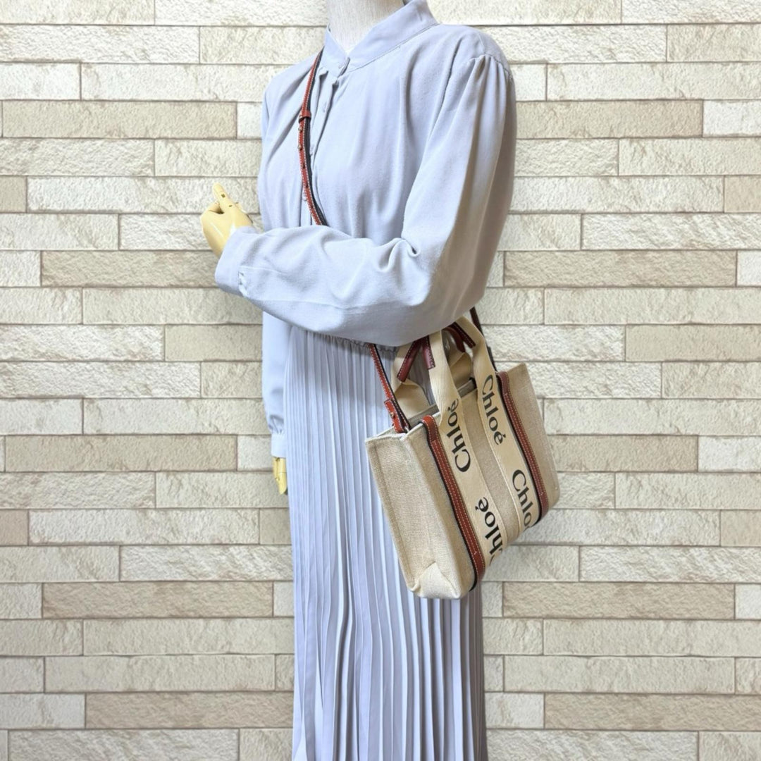 Chloe クロエ ウッディ スモールトート ショルダーバッグ リネン