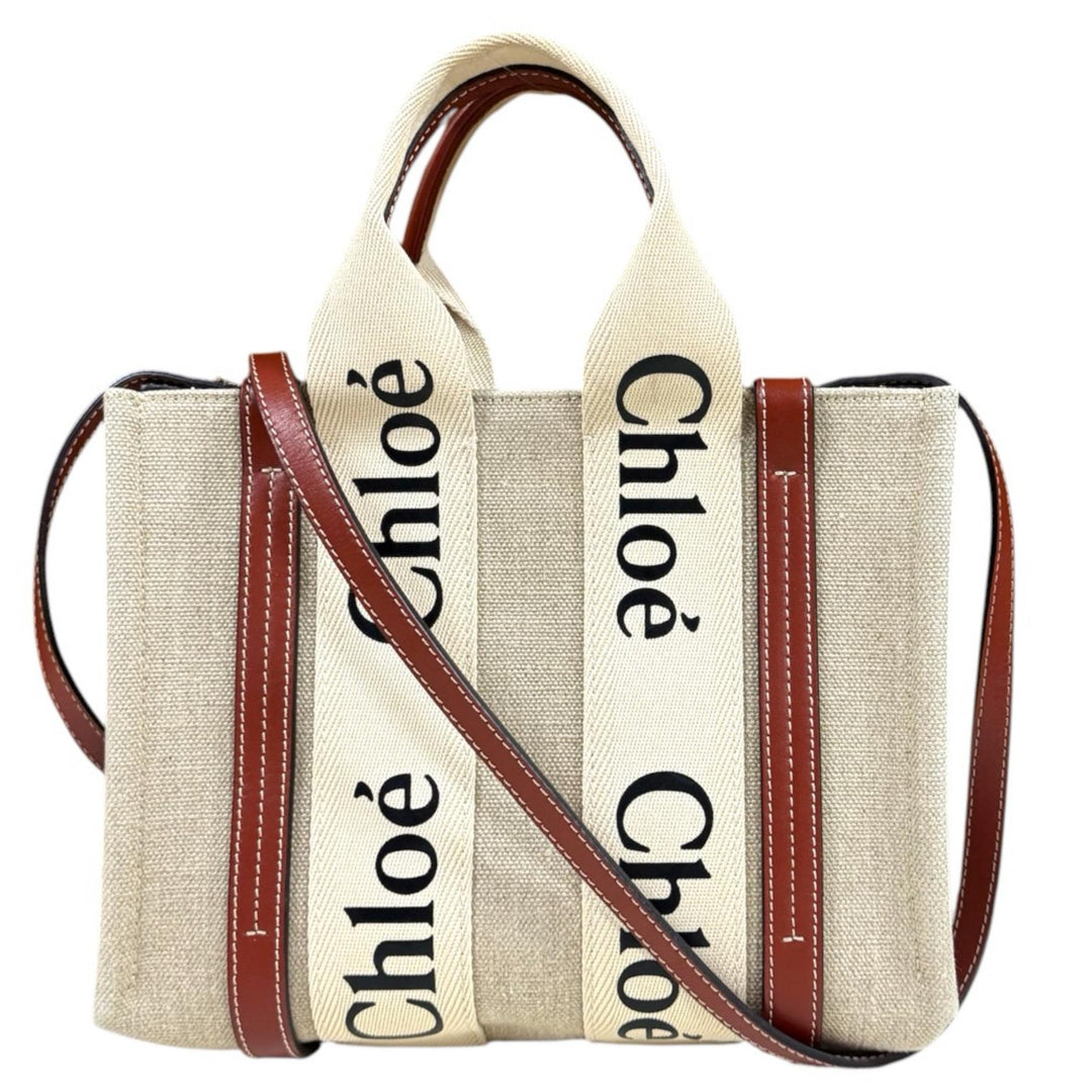 Chloe クロエ ウッディ スモールトート ショルダーバッグ リネン