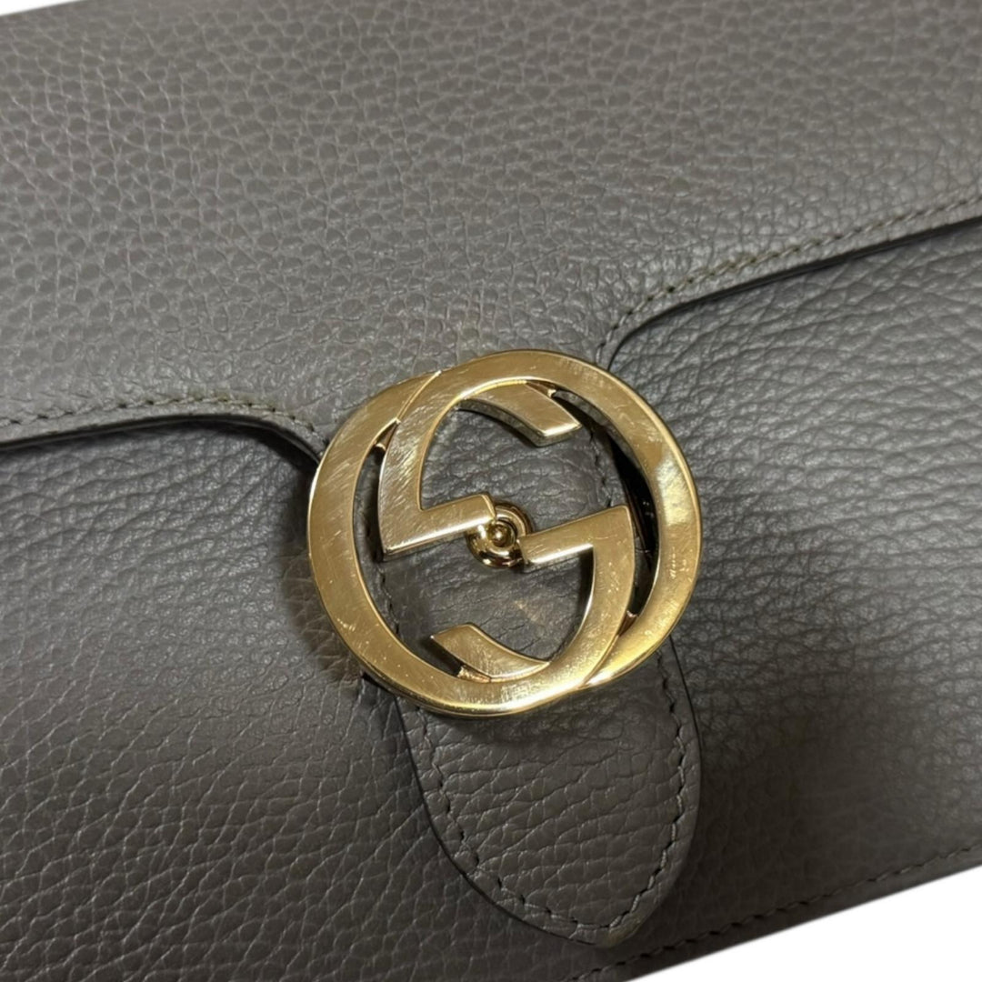 GUCCI グッチ インターロッキングG ショルダーバッグ レザー グレー