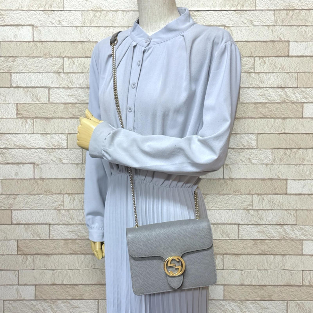 GUCCI グッチ インターロッキングG ショルダーバッグ レザー グレー