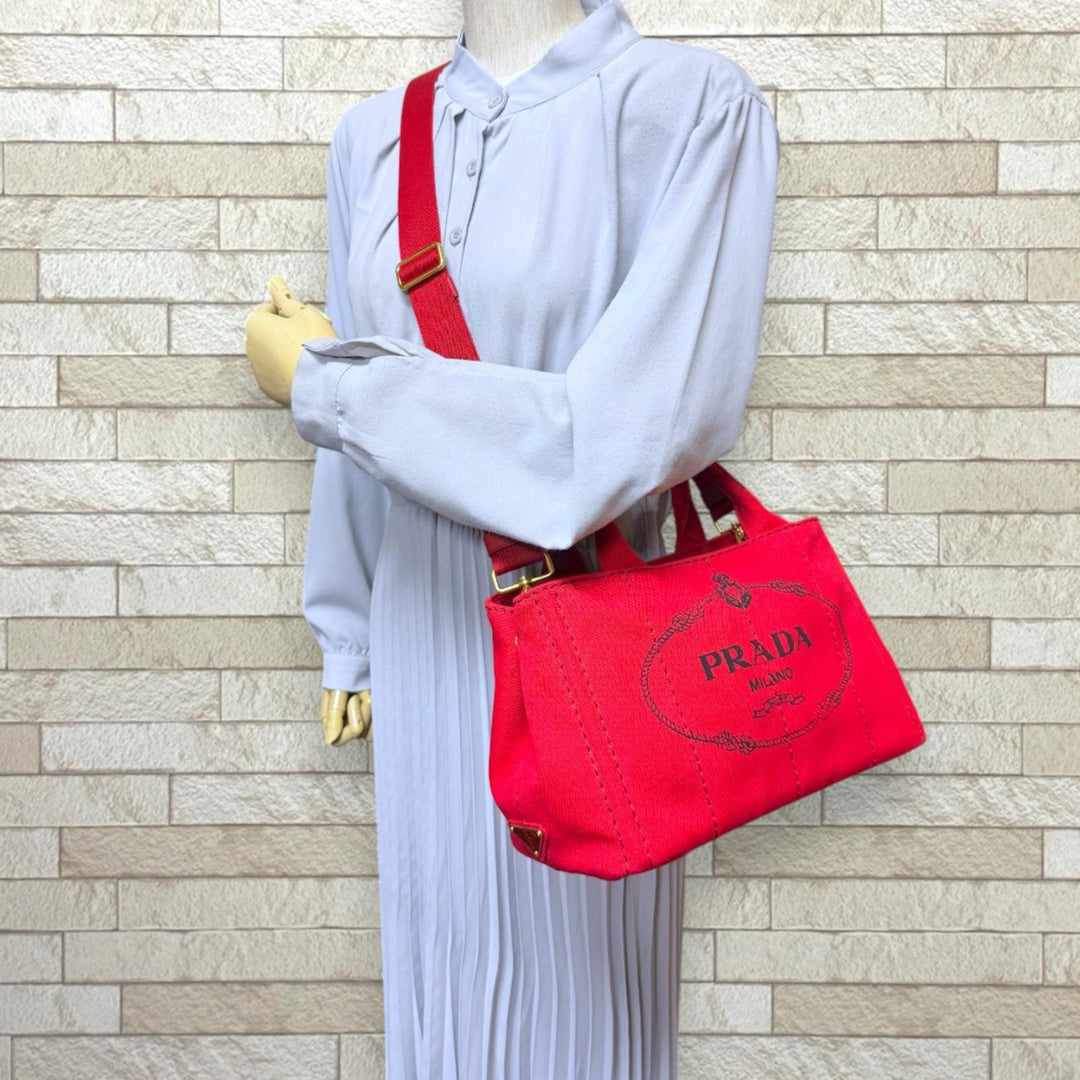 PRADA プラダ カナパトートSS ショルダーバッグ キャンバス レッド