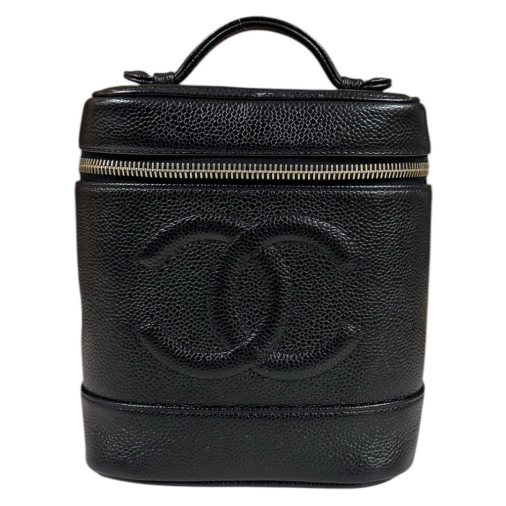 CHANEL バニティバッグ 化粧ポーチ ブラック ラムスキン 縦型 シャネル 縦型 バニティバッグ キャビアスキン ココマーク 黒 CHANEL