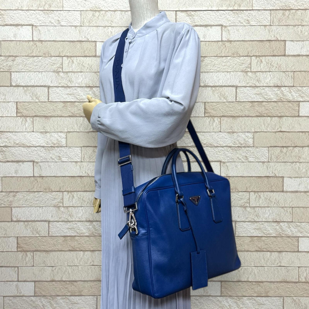 PRADA プラダ サフィアーノ ビジネスバッグ レザー ブルー メンズ 中古