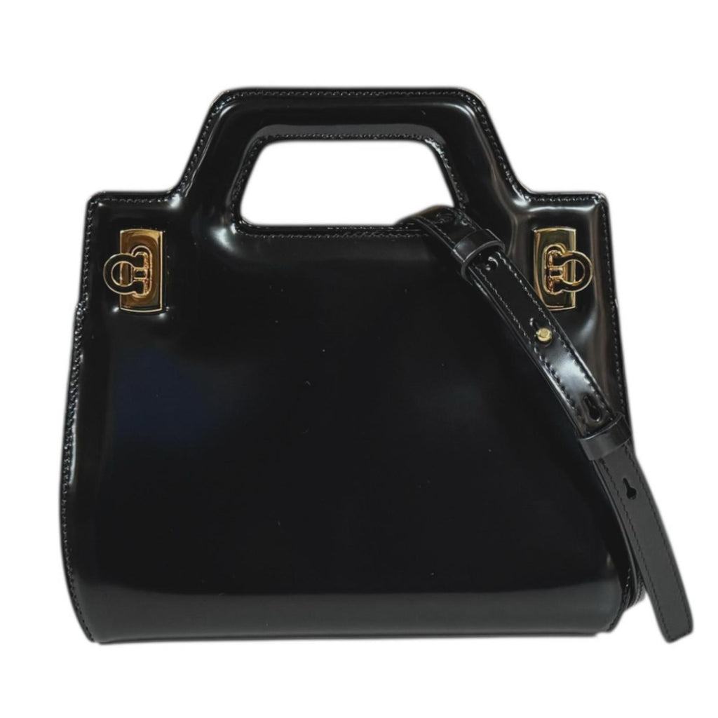 Salvatore Ferragamo Wanda Mini Shoulder Bag Patent Leather Black
