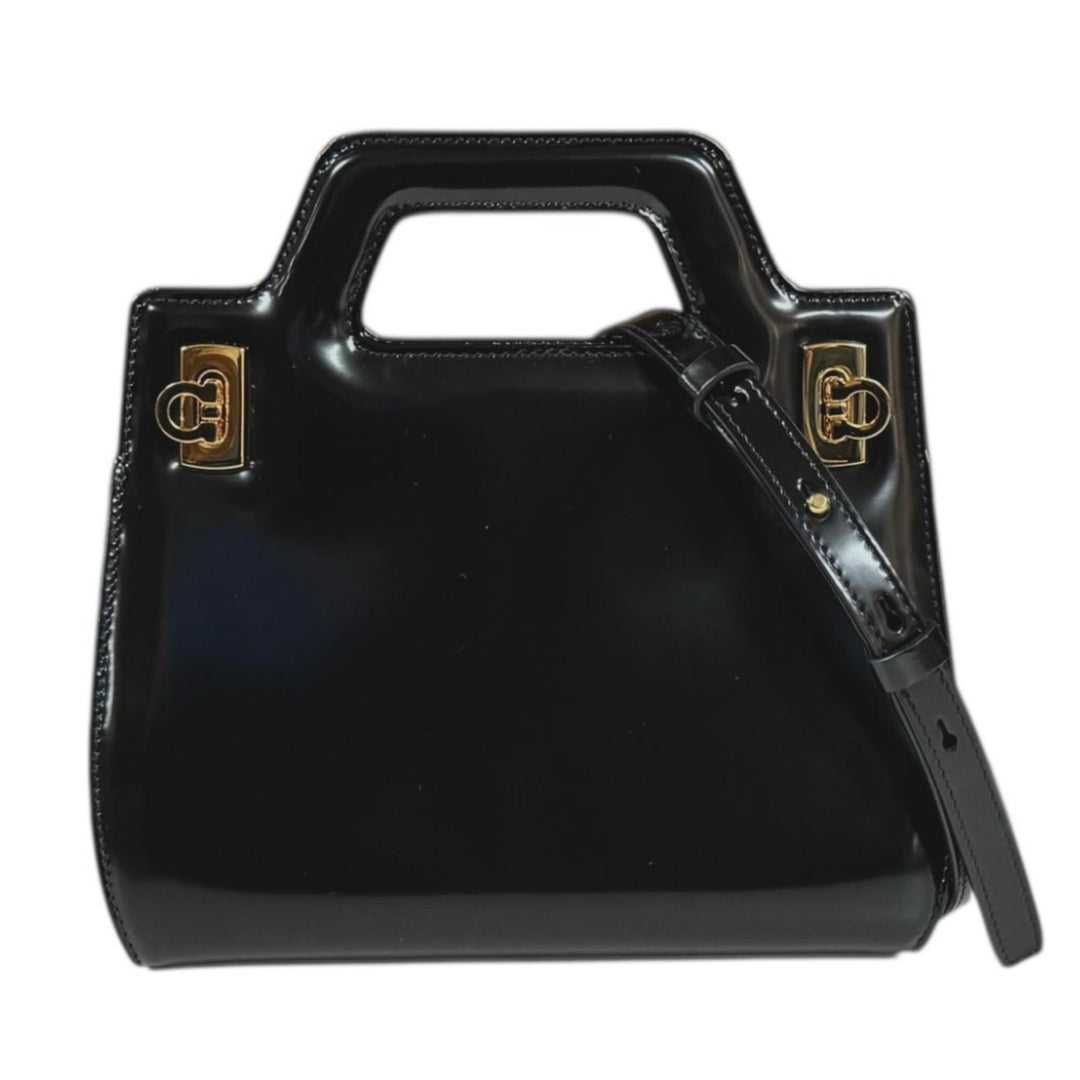 Salvatore Ferragamo Wanda Mini Shoulder Bag Patent Leather Black