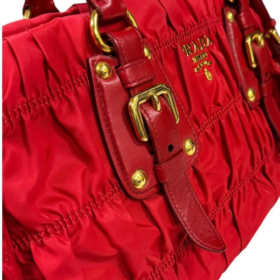 PRADA プラダ ギャザー ショルダーバッグ ナイロン レッド レディース