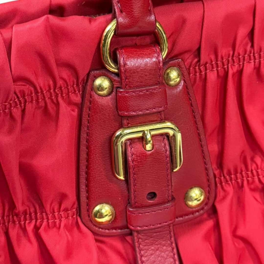 PRADA プラダ ギャザー ショルダーバッグ ナイロン レッド レディース