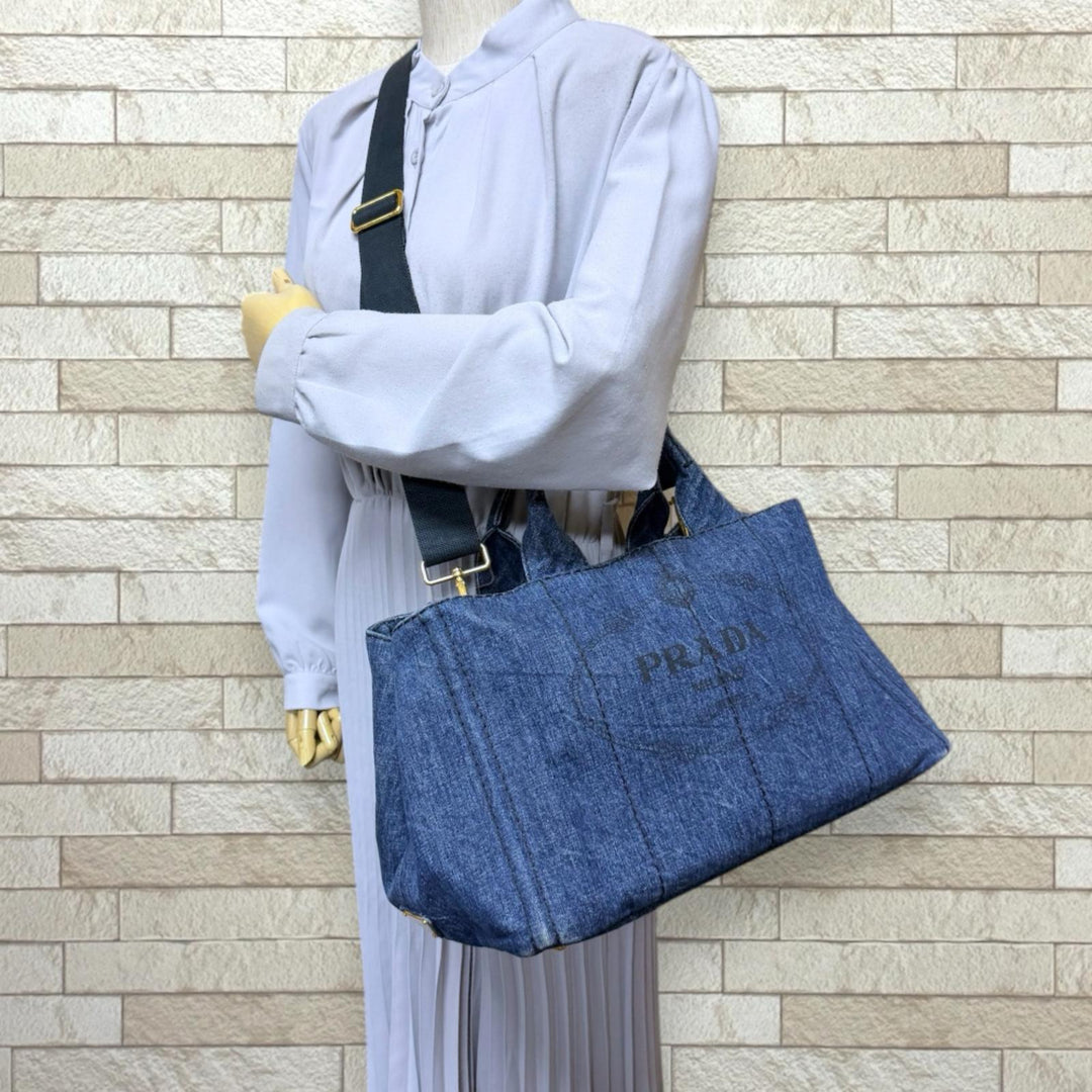 PRADA プラダ カナパトートM ショルダーバッグ デニム ブルー 