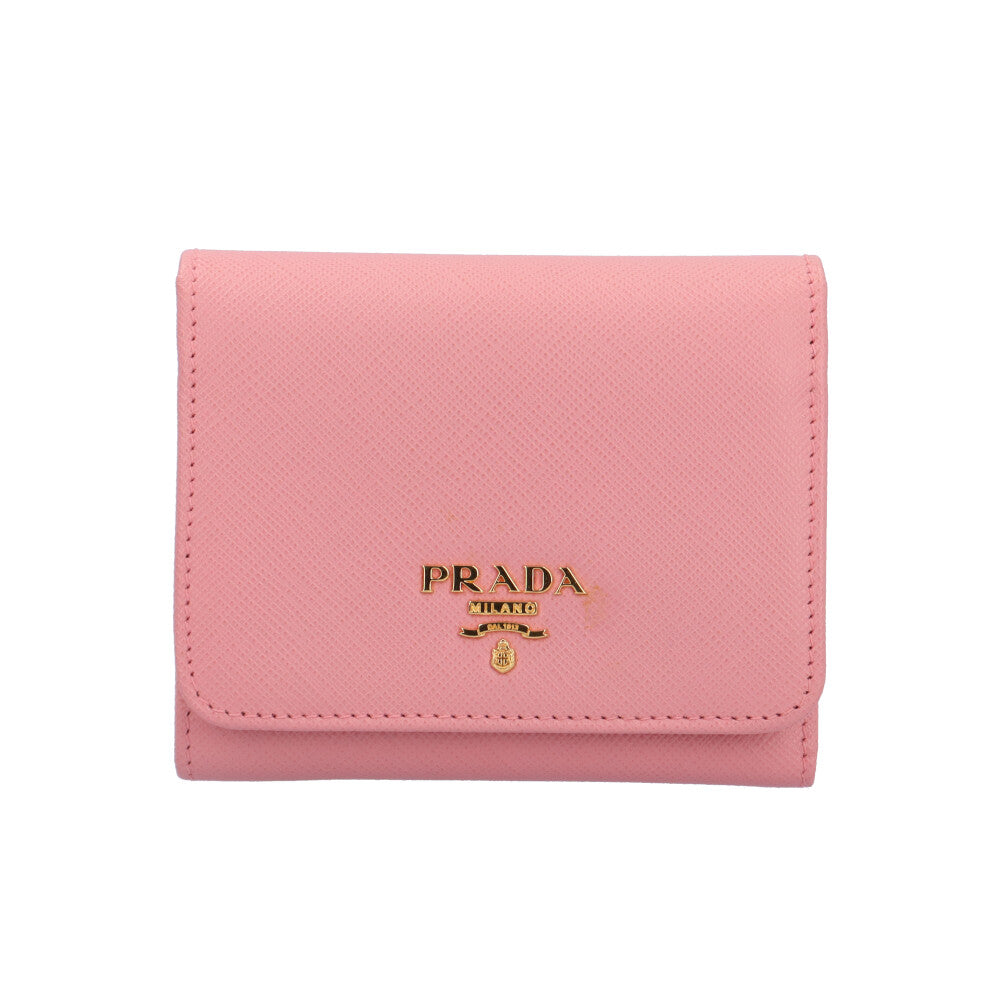 【新品】PRADA プラダ 三つ折り財布 三つ折財布 三つ折り ピンク 新品 プラダ PRADA リボン付 ロゴ 三つ折り財布 ピンク＆バイカラー