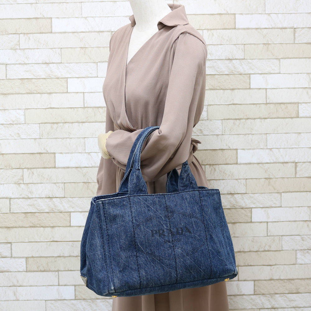 PRADA CANAPA DAMAGE DENIM TOTE HAND BAG