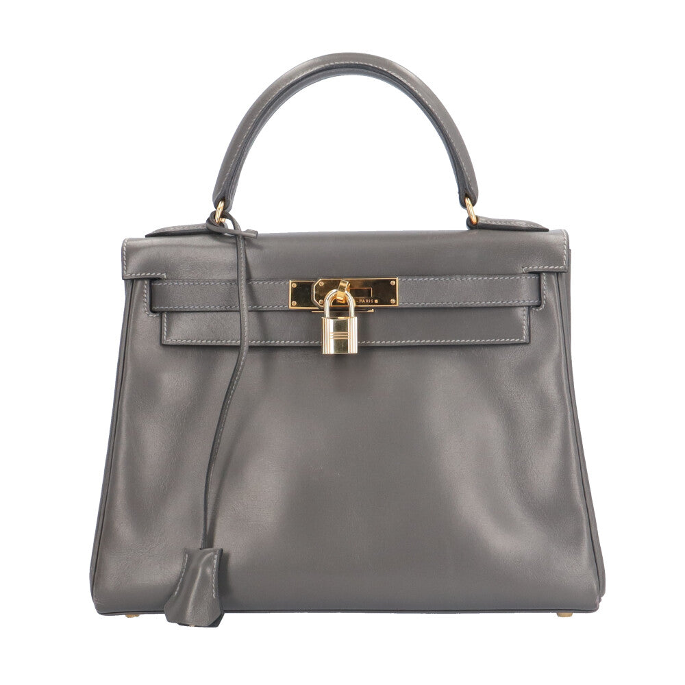 中古良品HERMES エルメス ハンドバッグ ケリー28 内縫い A刻印 レディース グレー HERMES エルメス ケリー28内縫い ハンドバッグ ボックスカーフ グレー