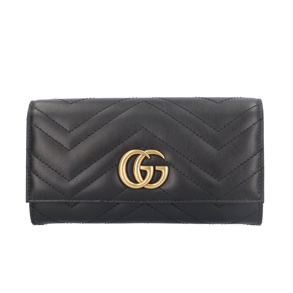 鑑定済み グッチ コンチネンタル 長財布 マーモント レザー 金具 GG 革 黒 GUCCI グッチ GG マーモント レザー コンチネンタル ウォレット 長財布