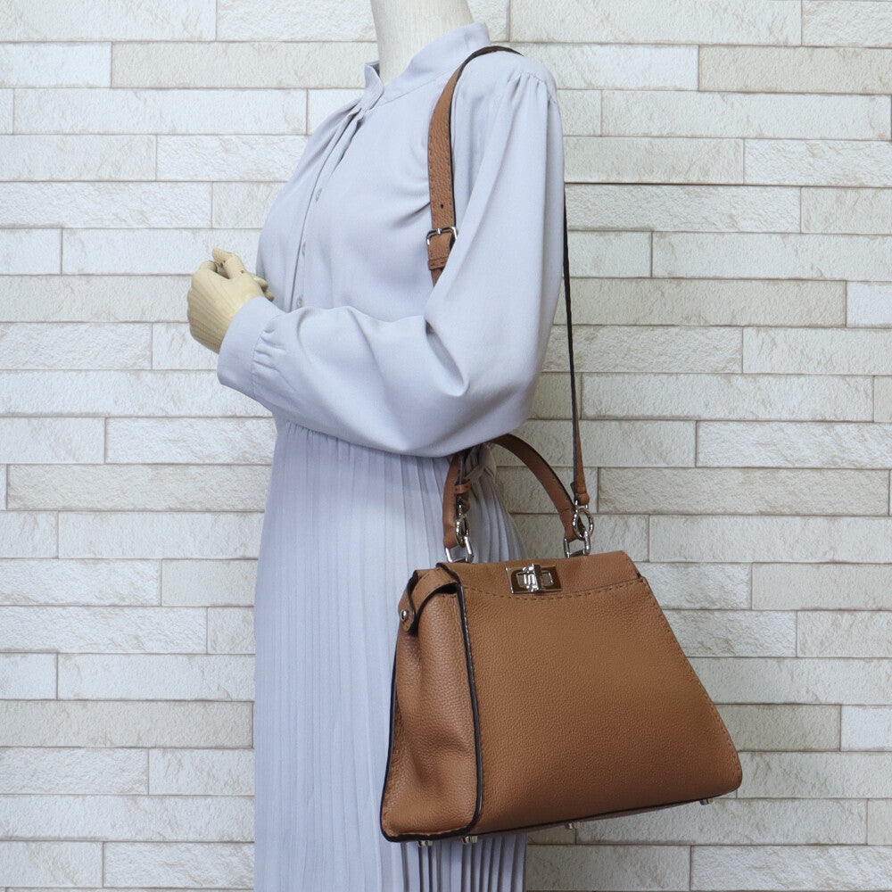 FENDI Peekaboo Selleria Shoulder Bag Leather Brown Women's Used