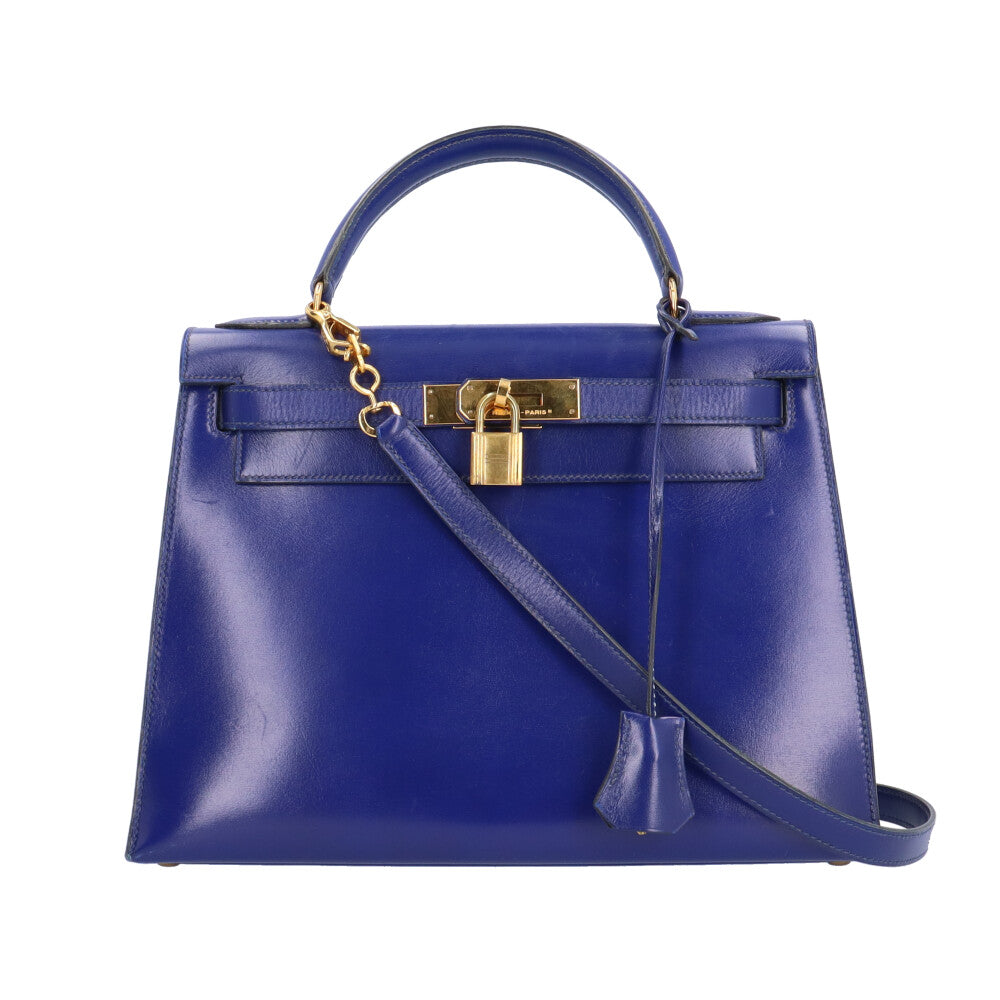 HERMES Kelly 28 Outside stitching Shoulder bag Box calf Blue