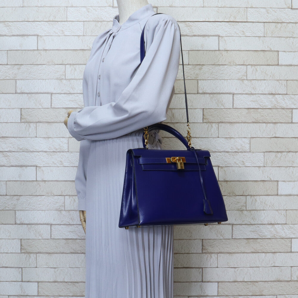 HERMES Kelly 28 Outside stitching Shoulder bag Box calf Blue Women's Used
