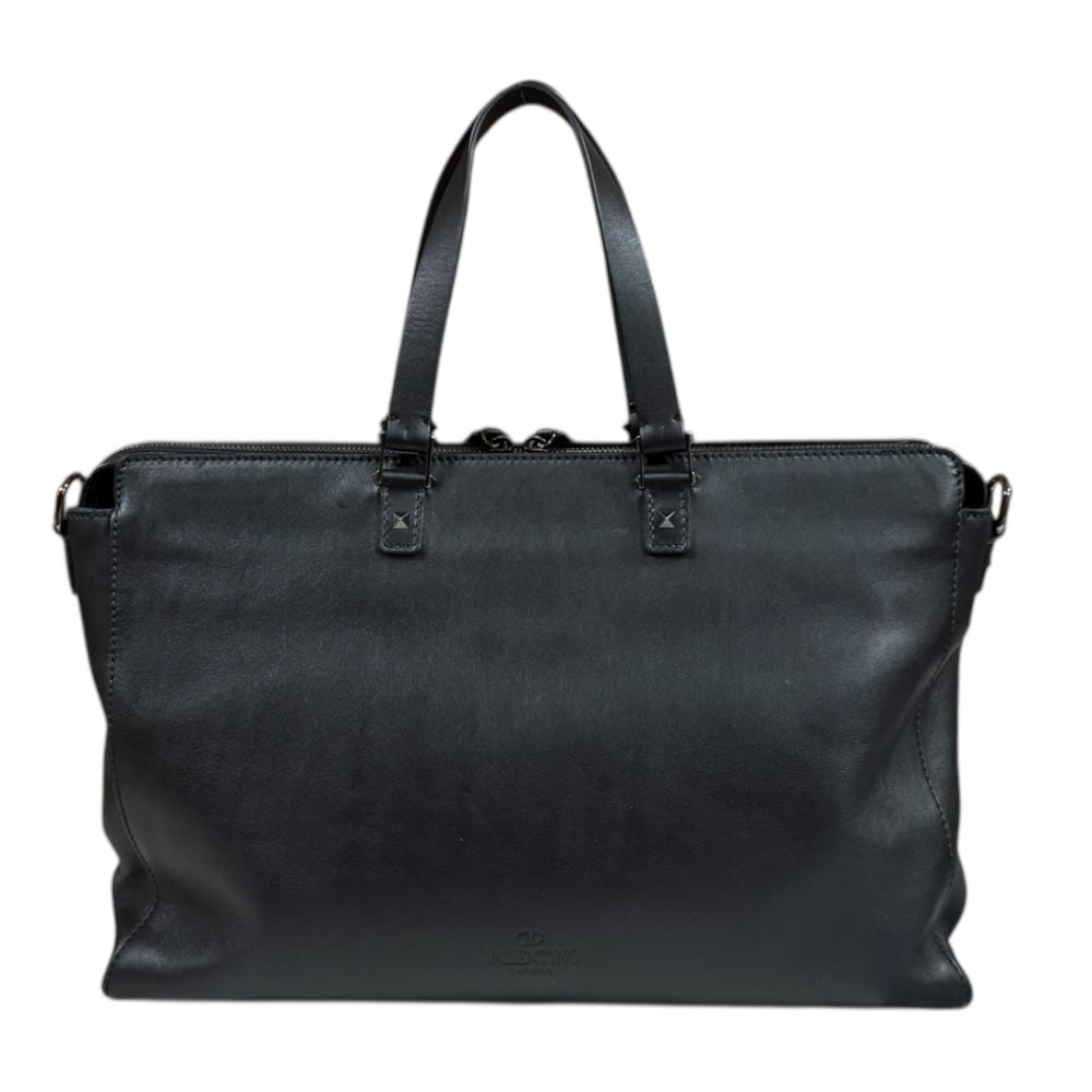 Valentino ヴァレンチノ ビジネスバッグ レザー ブラック メンズ 中古