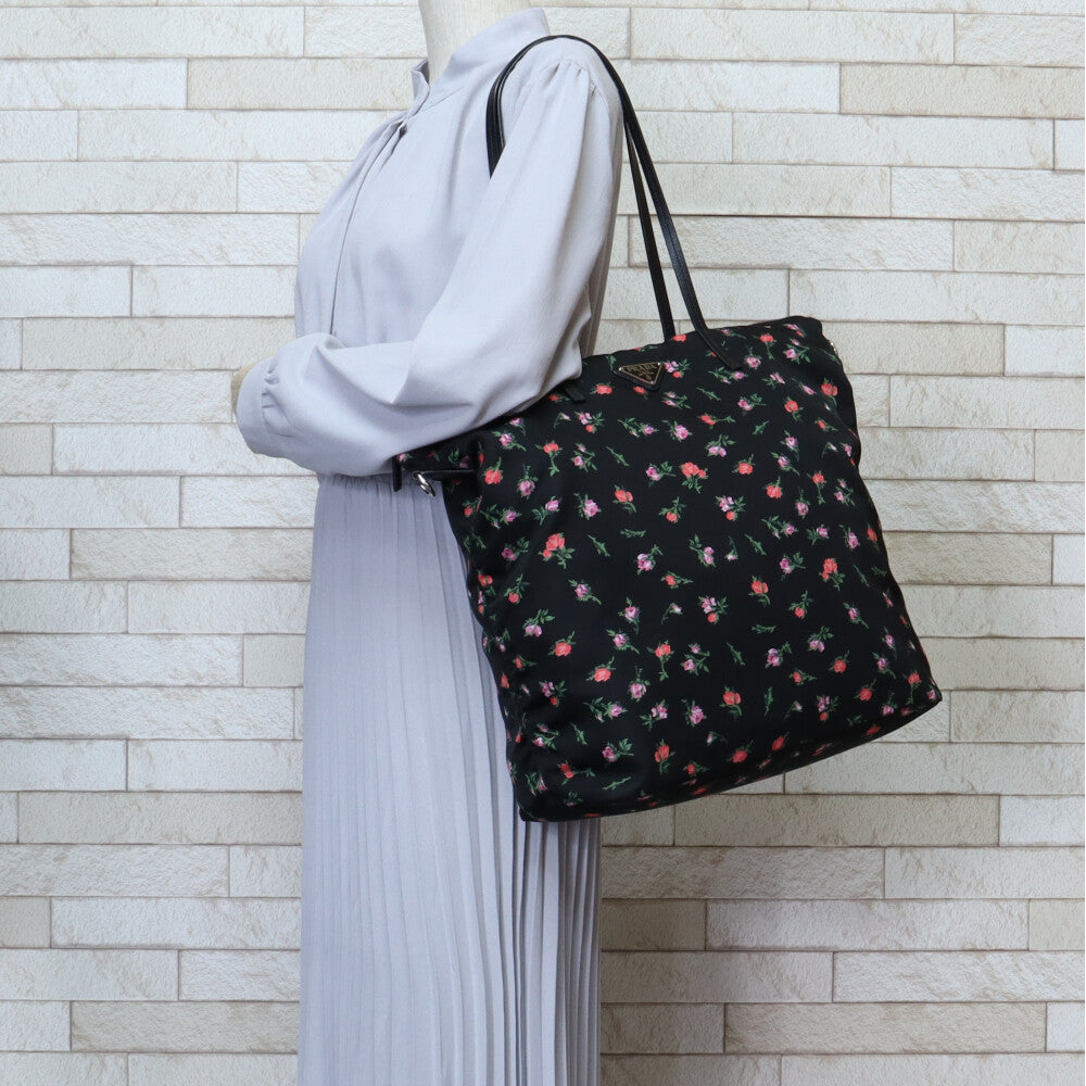 PRADA プラダ 花柄 ショルダーバッグ ナイロン ブラック レディース 中古