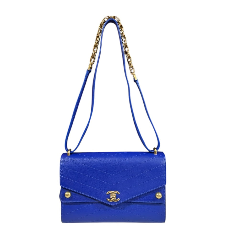 CHANEL シャネル Vステッチ ショルダーバッグ レザー ブルー 