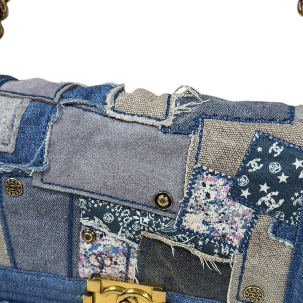 美品 CHANEL シャネル ココマーク ボーイシャネル チェーン ショルダー バッグ デニム パッチワーク ブルー レディース k3575k CHANEL - 美品 CHANEL シャネル ココマーク ボーイシャネル チェーン