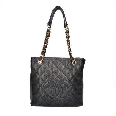 CHANEL トートバッグ  CCロゴ入り シャネル ロゴ キャビアスキン チェーントートバッグ ブラック