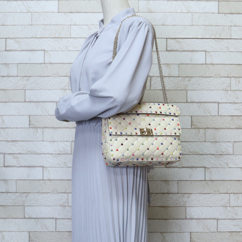 Valentino Garavani Multicolor Rockstud Shoulder Bag Leather Beige