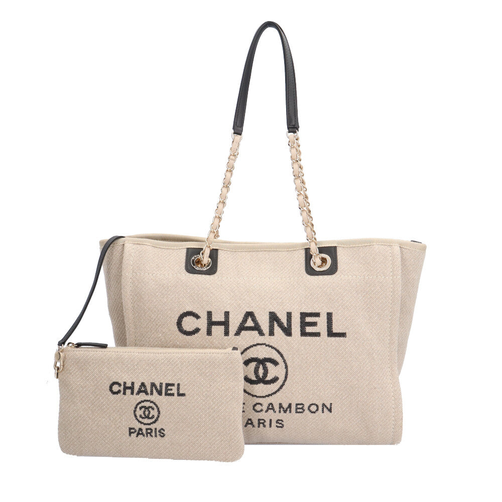 CHANEL シャネル ドーヴィルMM トートバッグ キャンバス ベージュ レディース 中古