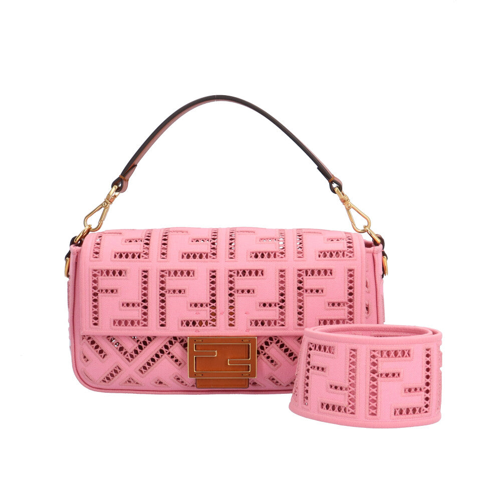 FENDI Embroidered Baguette Shoulder Bag Canvas Pink Women s Used 36 M