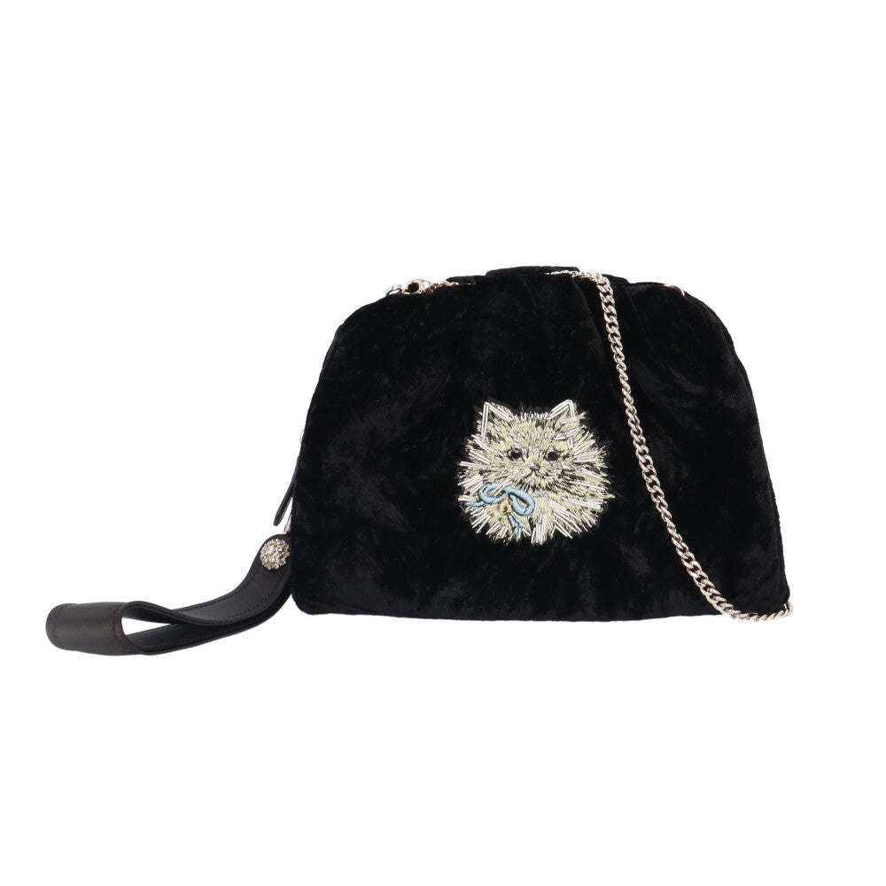 Kate Spade Cat Party Velvet Clutch Shoulder Bag Velvet Black