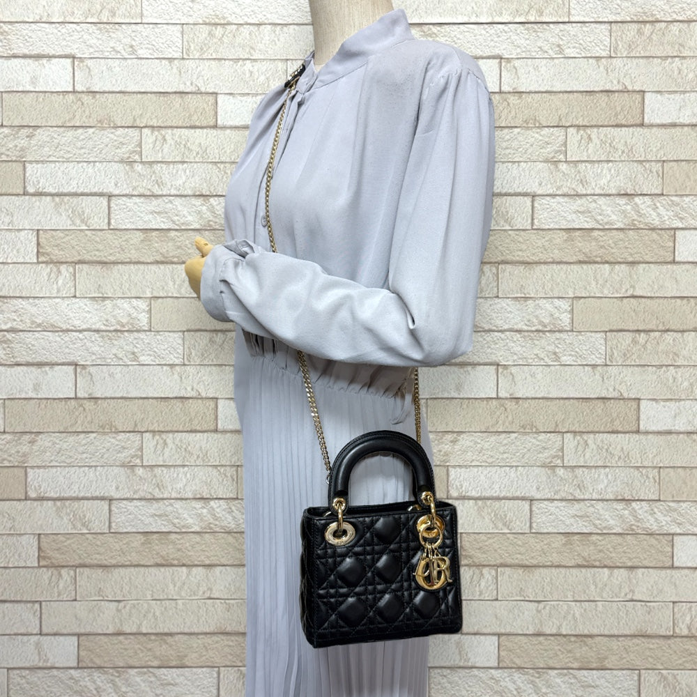 DIOR Dior Lady Dior Mini Kanage Shoulder Bag Leather Black Ladies